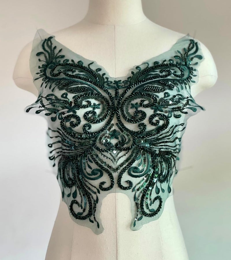 JRYYR Green Sequin Applique, Flower Appliques, DIY Accessories Applique Patch, Beaded Applique for Dresses, Dancewear, Evening Gowns, Apparel and More(Dark Green) - Image 3